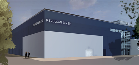 A Large blue and grey panelled building rendered by computer. Silver signage on the sides of the building say "Vulcan 20-20"